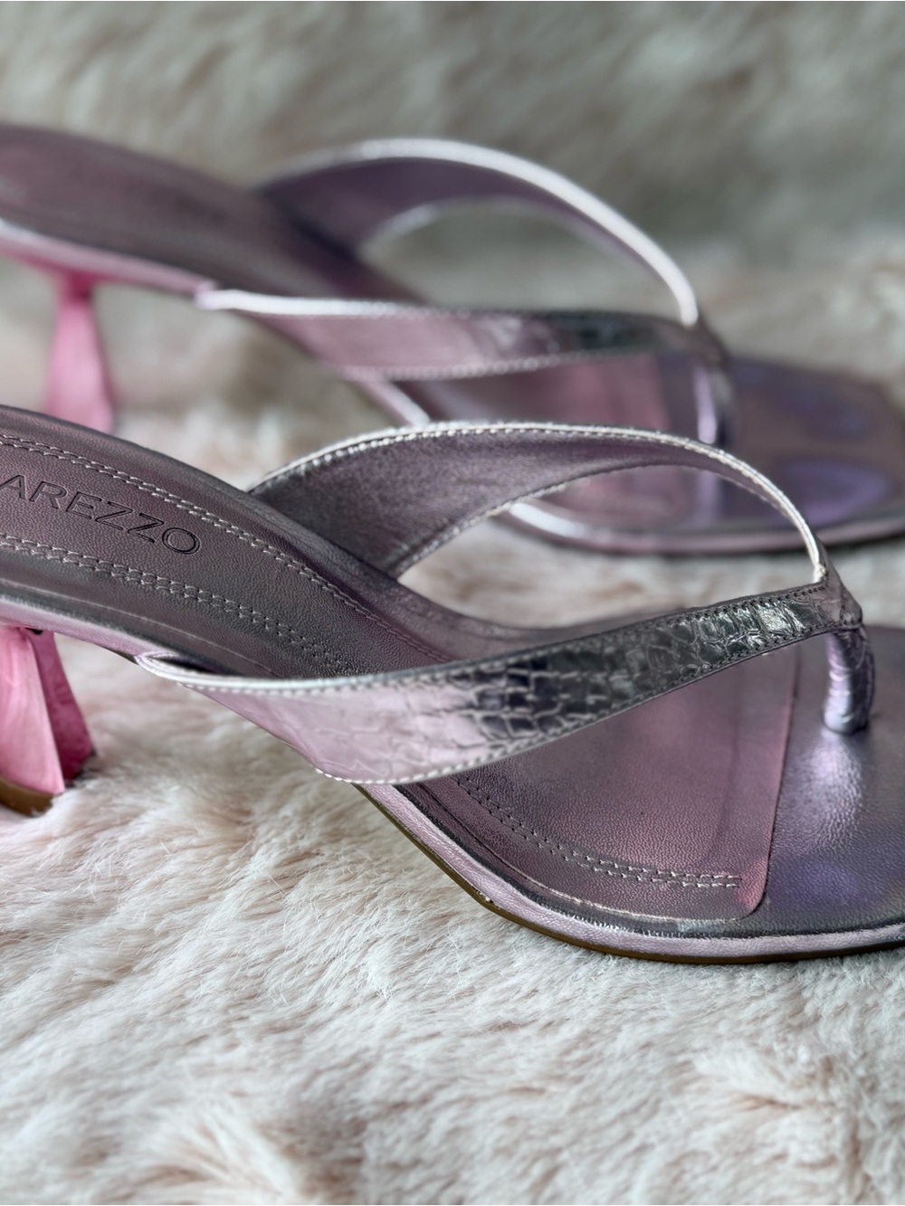 Arezzo Iridescent Pink Thong Heel Sandals - Picture 5 of 5